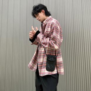 Addressunknown秋冬美式复古磨毛宽松休闲粉格纹长袖衬衫外套