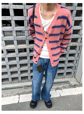 Addressunknown V领宽松双色撞色条纹慵懒风百搭休闲针织毛衣开衫