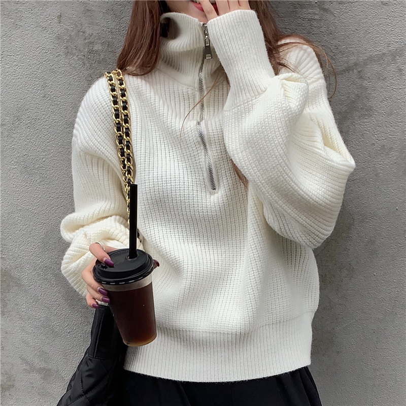 Real price ~ loose collar zipper long sleeve sweater