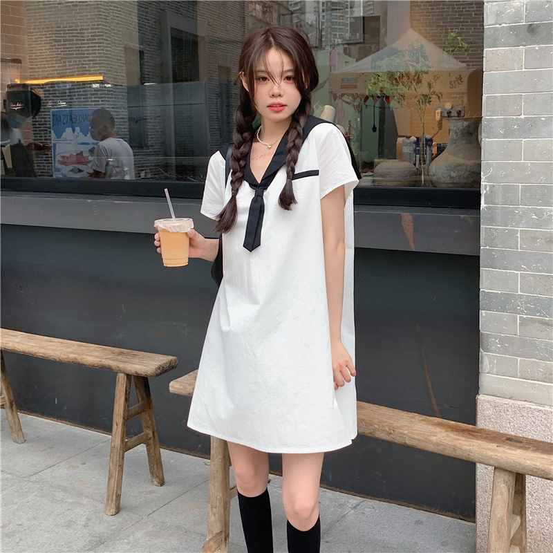 Real price ~ Korean Academy style loose Navy collar contrast Short Sleeve Dress