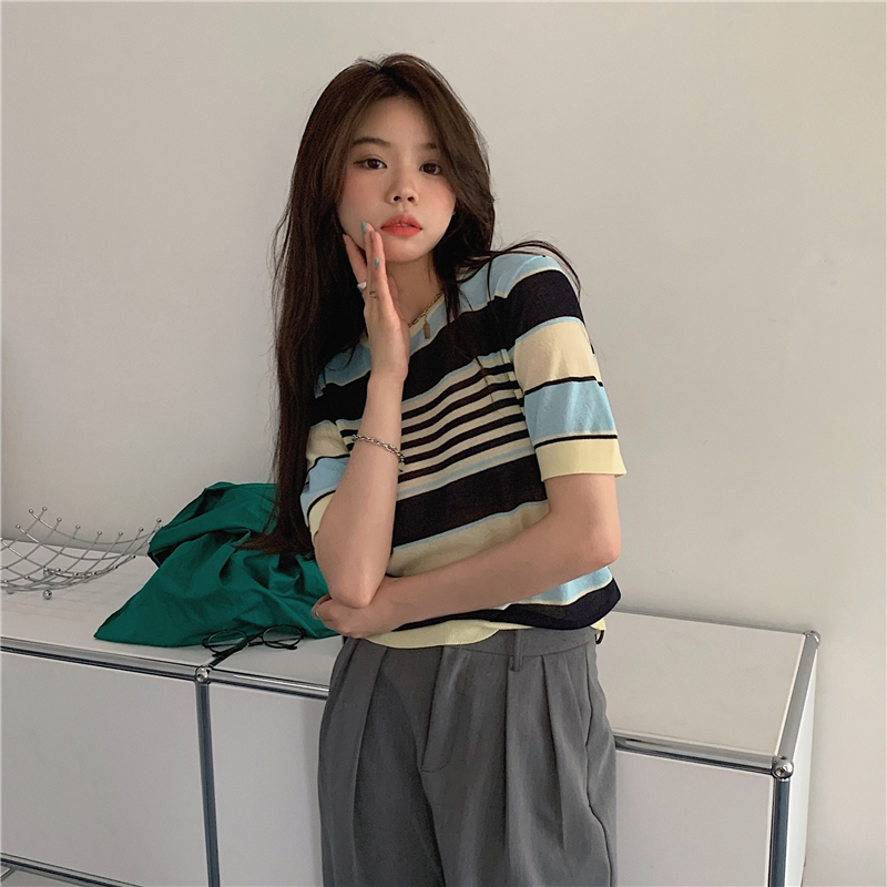 Real shot real price - summer cool air color contrast wool knitted short sleeve