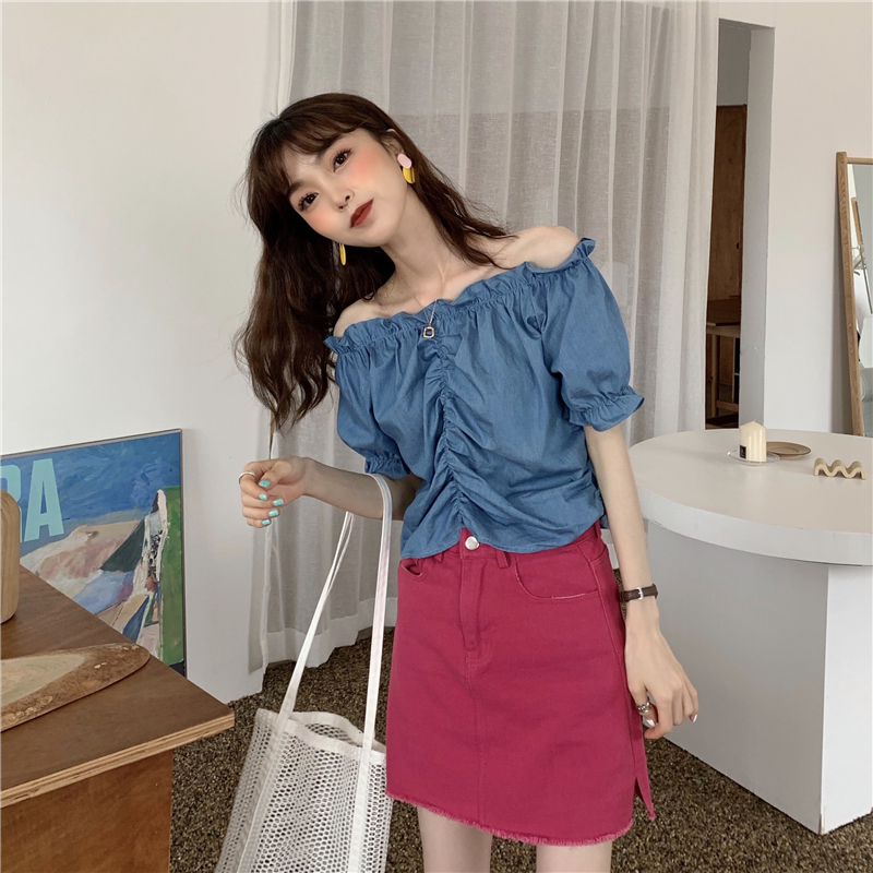 Real price ~ one line collar show thin wood ear denim top