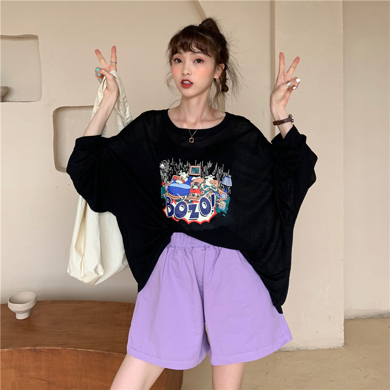Real price ~ loose Korean Pullover fun printing light sunscreen shirt air conditioning shirt + casual shorts