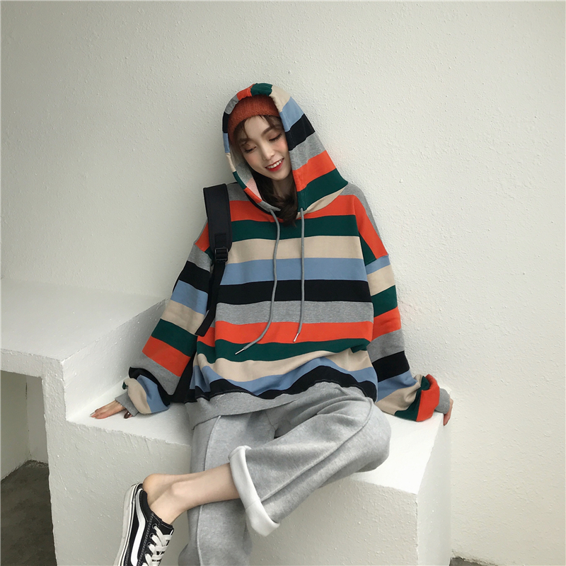 Real price - New Korean loose multi color stripe casual Hoodie for spring