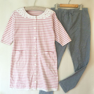 【瑜小小】精品全棉孕产妇哺乳衣/套装家居服装粉嫩条纹A04