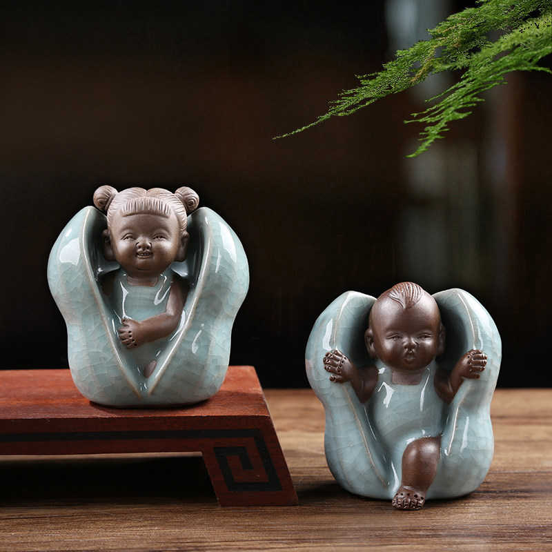 创意早生贵子陶瓷茶宠摆件金童玉女茶台茶趣茶玩哥窑茶具配件装饰