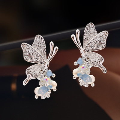 气质清新甜美蝴蝶蓝色水晶流苏耳钉超仙串珠小巧精致韩式耳环耳饰