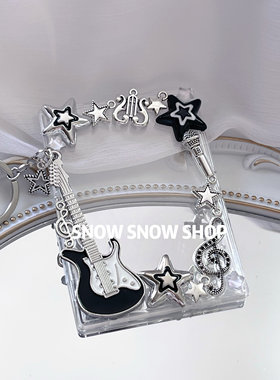 SNOW吉他卡砖音符复古朋克金属乐器挂链成品韩娱kpop硬卡套相框