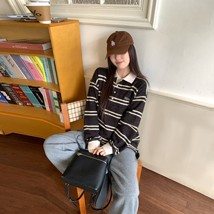 NAZ那子大码 加厚磨毛绒Polo条纹上衣胖mm气质休闲加绒T恤女 冬季