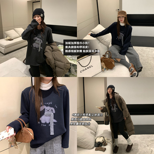 T恤胖mm加厚复古上衣女 俏皮可爱小狗印花加绒长袖 NAZ那子大码 冬装