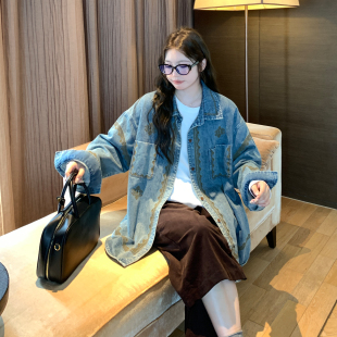 宽松复古洋气胖mm中长款 设计感大版 刺绣牛仔外套 秋季 NAZ那子大码