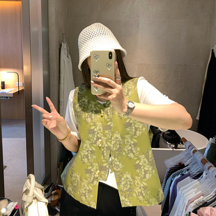 水墨花朵提花重工珠扣马甲胖mm复古新中式 NAZ那子大码 国风上衣女