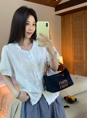 NAZ那子大码夏季纯棉重工绣花气质衬衫胖mm设计感木耳边白色上衣