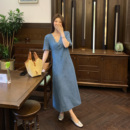 夏季 NAZ那子大码 牛仔棉重工刺绣韩系显瘦收腰v领气质胖妹妹连衣裙