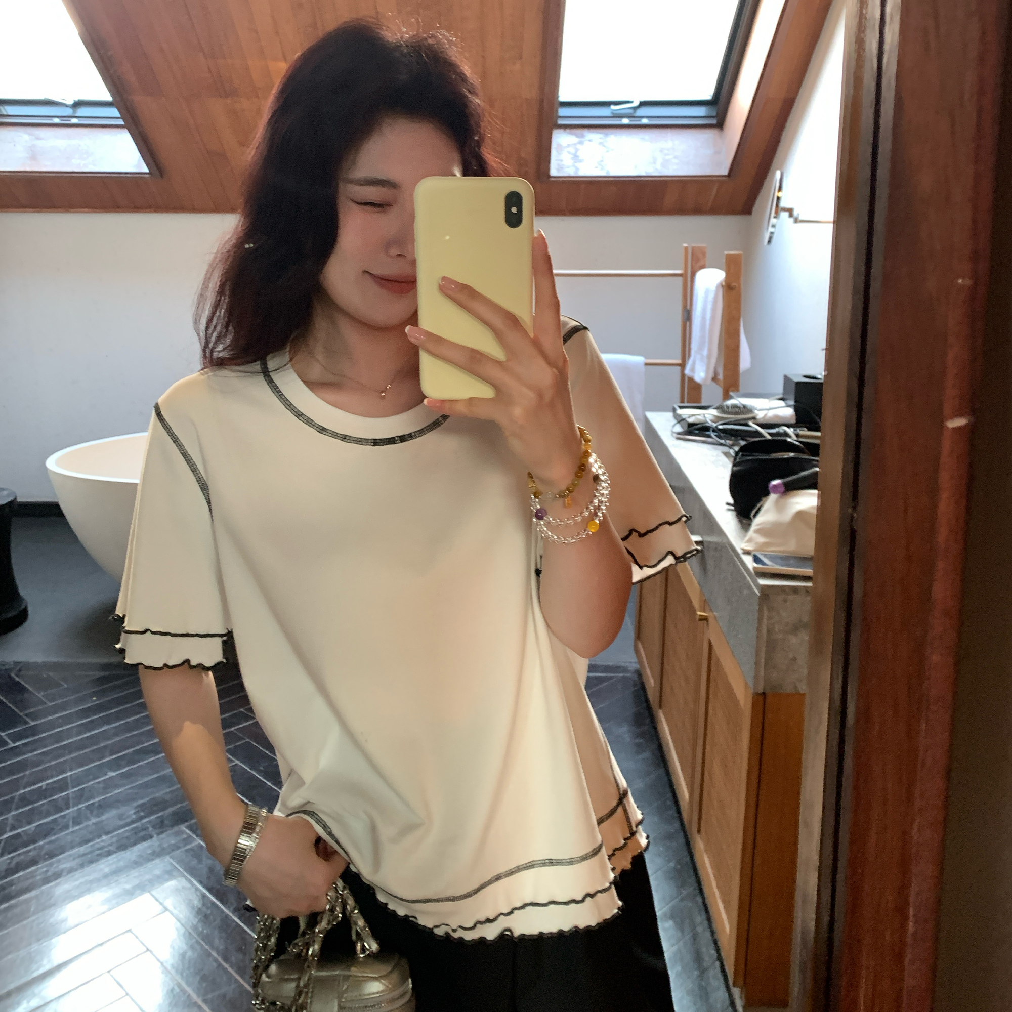 NAZ那子大码夏季赛罗棉撞色木耳边T恤胖mm设计感洋气减龄短袖上衣