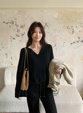 NAZ那子大码秋冬2/46支桑蚕丝羊毛混纺圆领半开胸翻边长袖针织衫