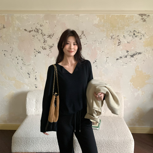 NAZ那子大码秋冬2/46支桑蚕丝羊毛混纺圆领半开胸翻边长袖针织衫