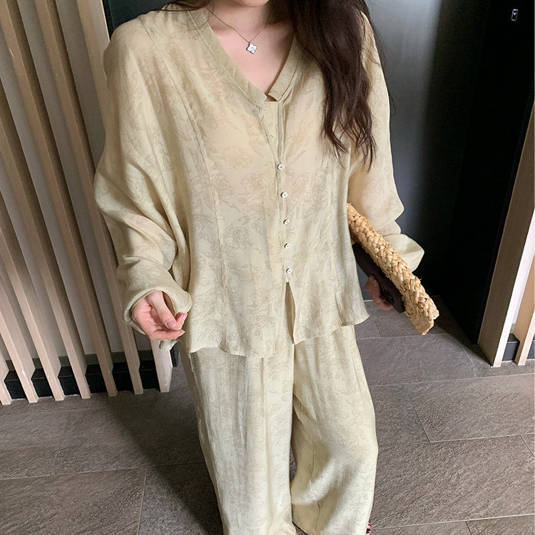 NAZ那子大码 天丝人棉混纺气质宽松国风上衣胖mm阔腿裤新中式套装