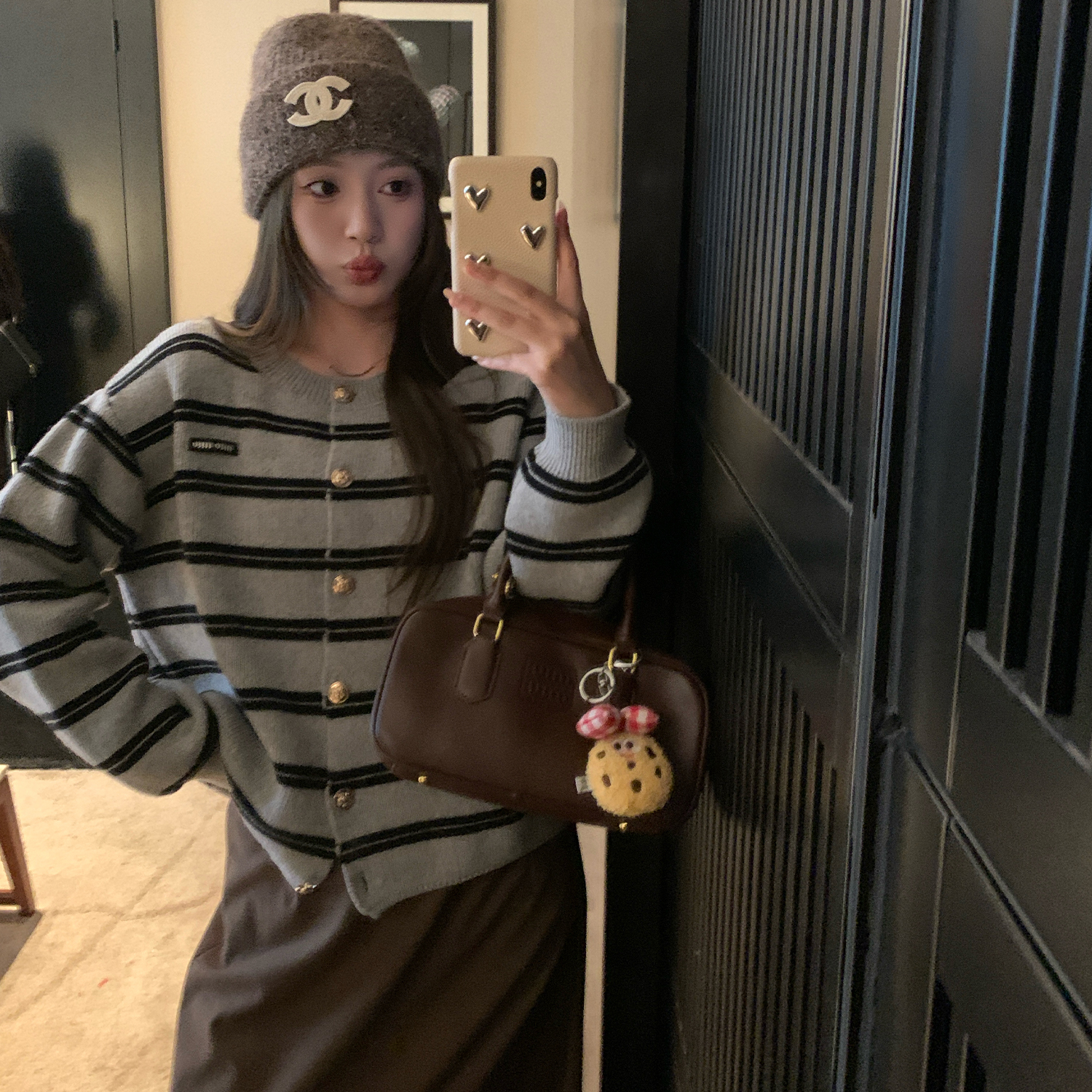 NAZ那子大码澳羊毛条纹浮雕扣开衫胖mm设计感圆领休闲气质针织衫