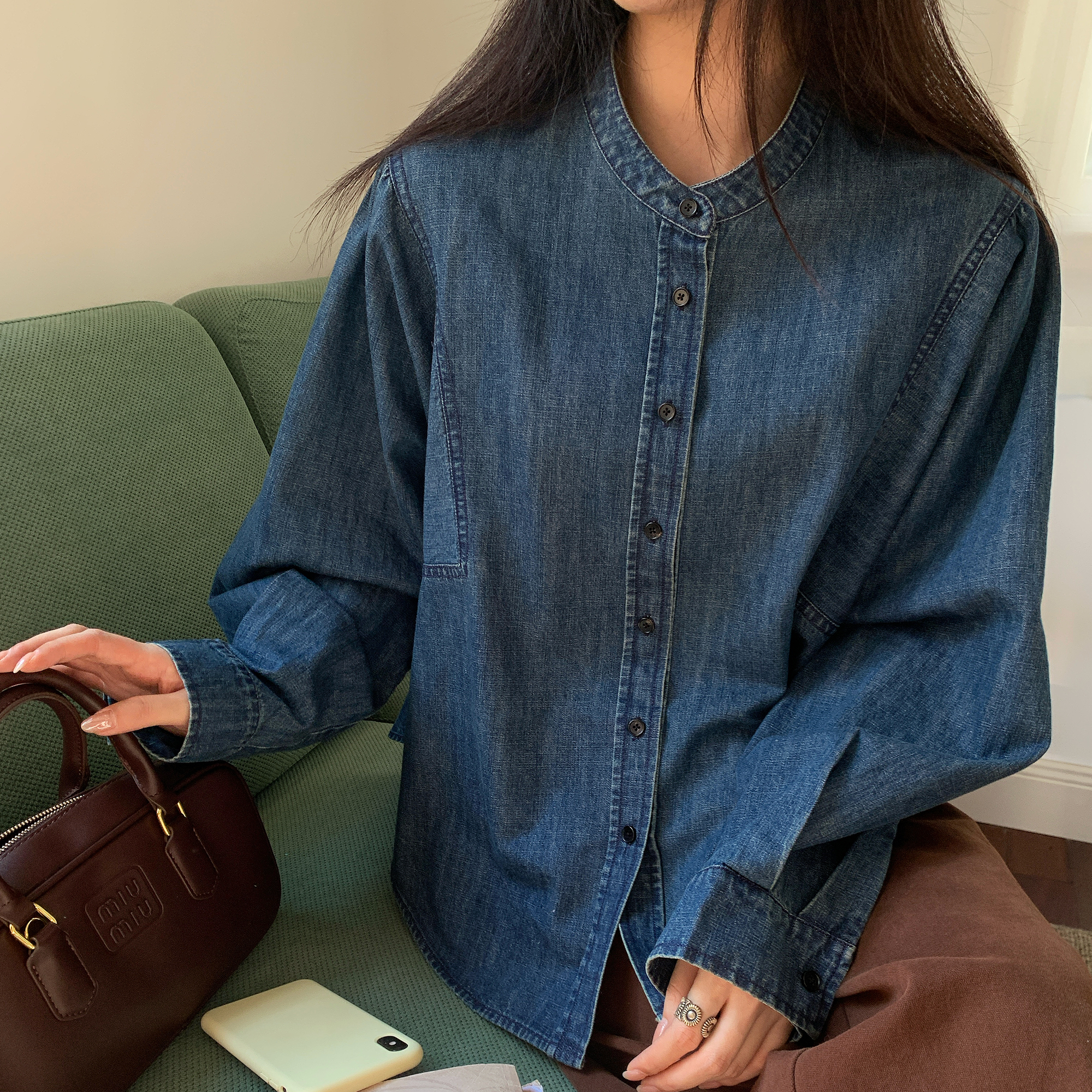 NAZ那子大码秋季腰果花状泡泡袖牛仔上衣胖mm复古减龄剪花衬衫女