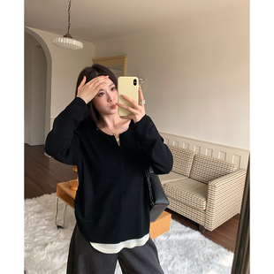 NAZ那子大码 秋冬45支羊毛半开胸拉链假两件上衣胖mm气质针织衫