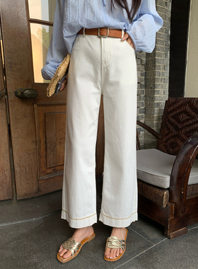 NAZ那子大码夏季高棉微弹水洗复古直筒裤胖mm白色显瘦阔腿牛仔裤