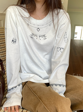 NAZ那子大码秋季100棉休闲宽松趣味印花长袖T恤胖mm白色时尚上衣