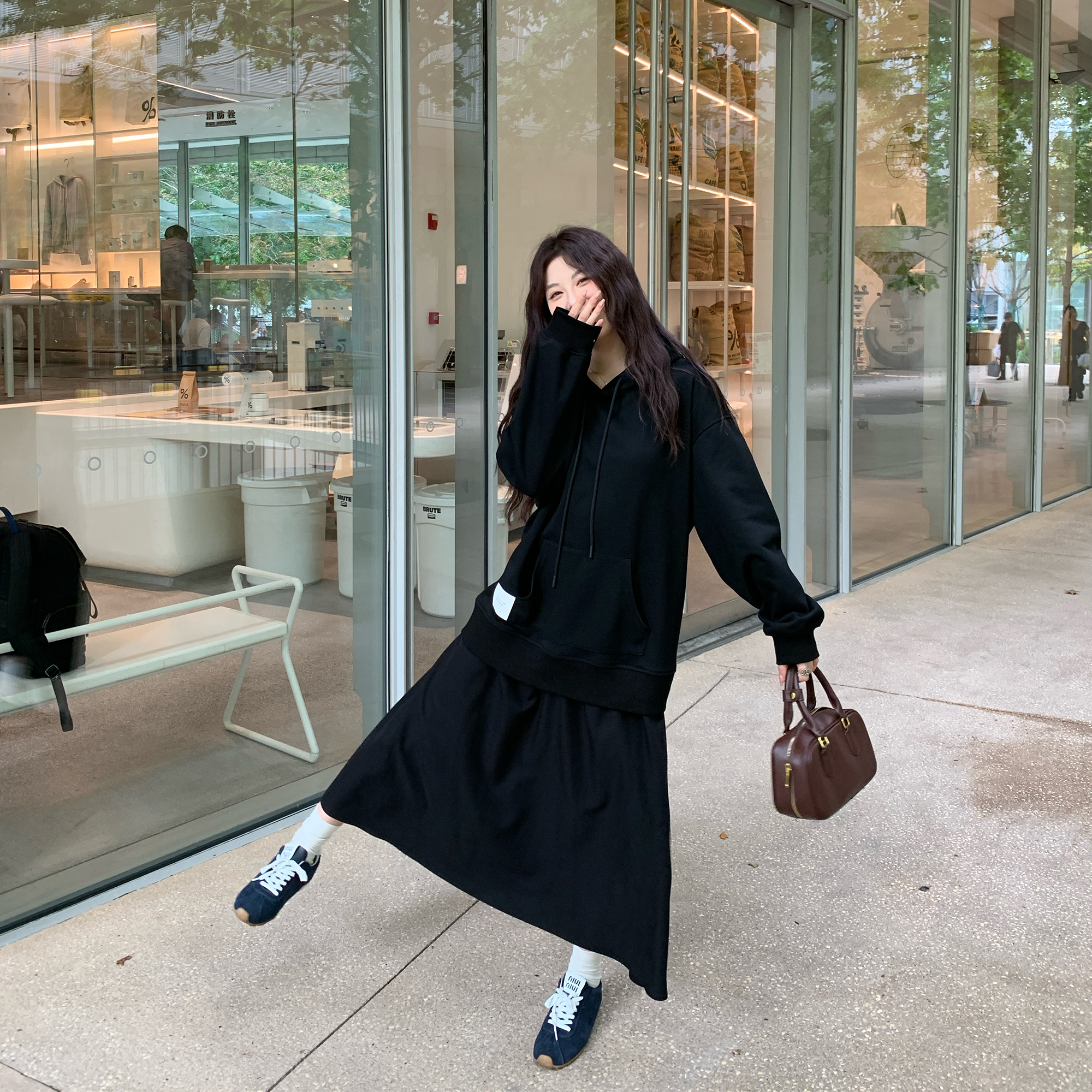 NAZ那子大码秋季韩系连帽卫衣拼接显瘦百搭胖mm大版女懒人连衣裙