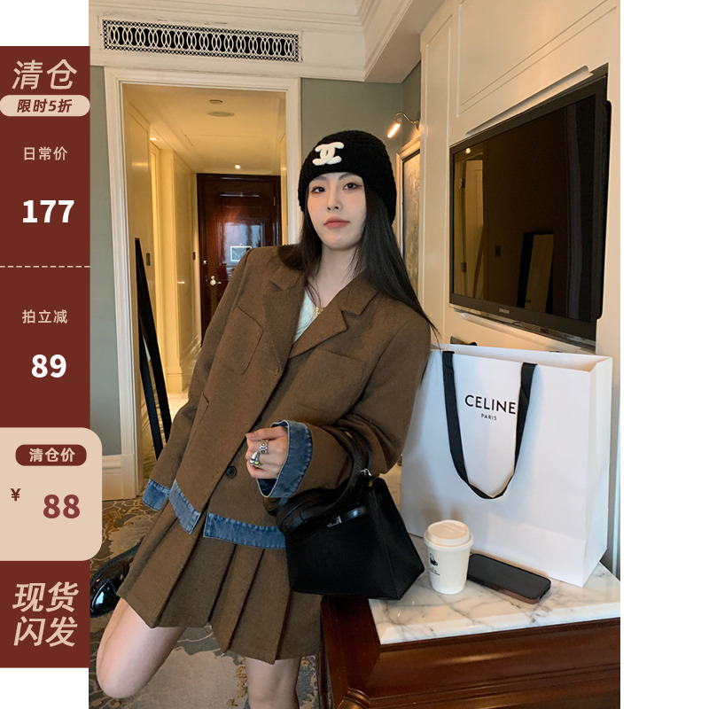 拼接假两件格纹格毛呢套装