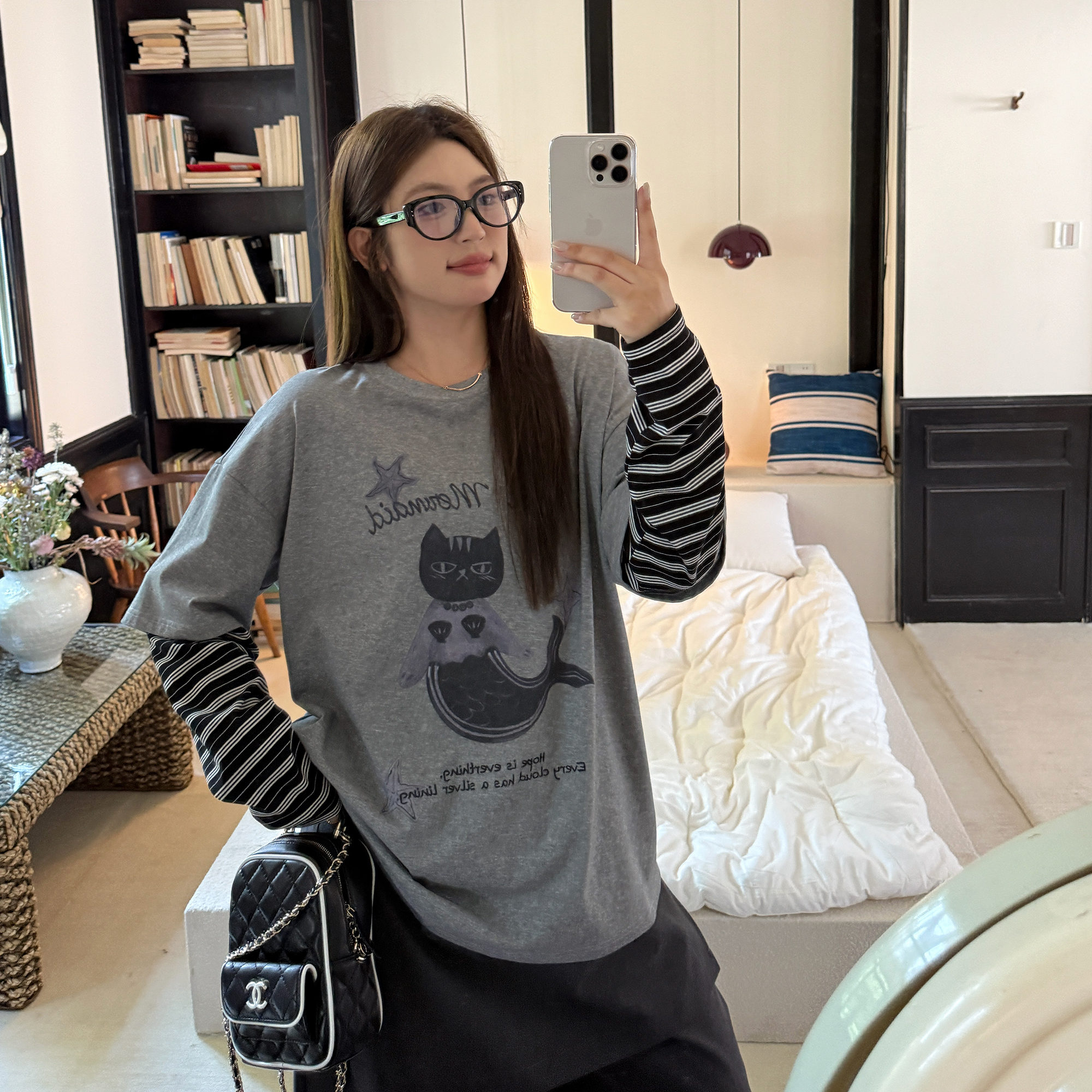 NAZ那子大码早秋巴黎棉童趣印花拼接假两件T恤胖mm韩系慵懒上衣女
