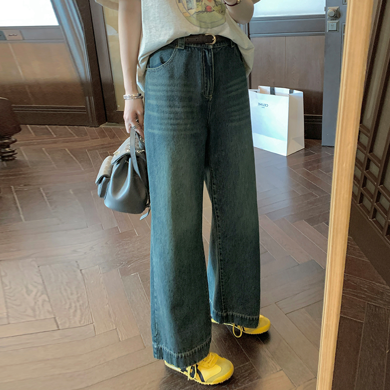 NAZ那子大码秋季设计感高腰宽松阔腿直筒裤胖mm复古减龄牛仔裤女