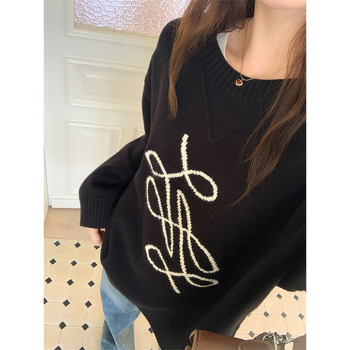 NAZ那子大码秋冬新款慵懒舒适感宽松刺绣毛衣胖mm复古提花上衣女