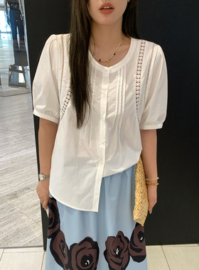 NAZ那子大码夏季100棉镂空花边拼接衬衫胖mm设计感短袖白色上衣