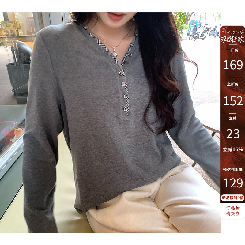 12/08【129】【慕斯羊绒格纹剪刀领t】V领拼接复古格纹打底上衣38