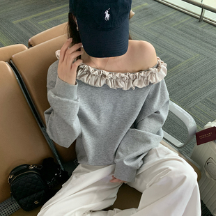 柔棉混纺拼接缎面花边慵懒风露肩胖mm韩系显瘦卫衣女 NAZ那子大码