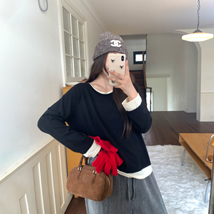 NAZ那子大码冬季安迪绒卷边假两件针织衫胖mm复古宽松撞色上衣女