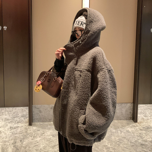NAZ那子大码 英伦风连帽加厚保暖胖mm气质毛绒外套 秘鲁羊毛冬季