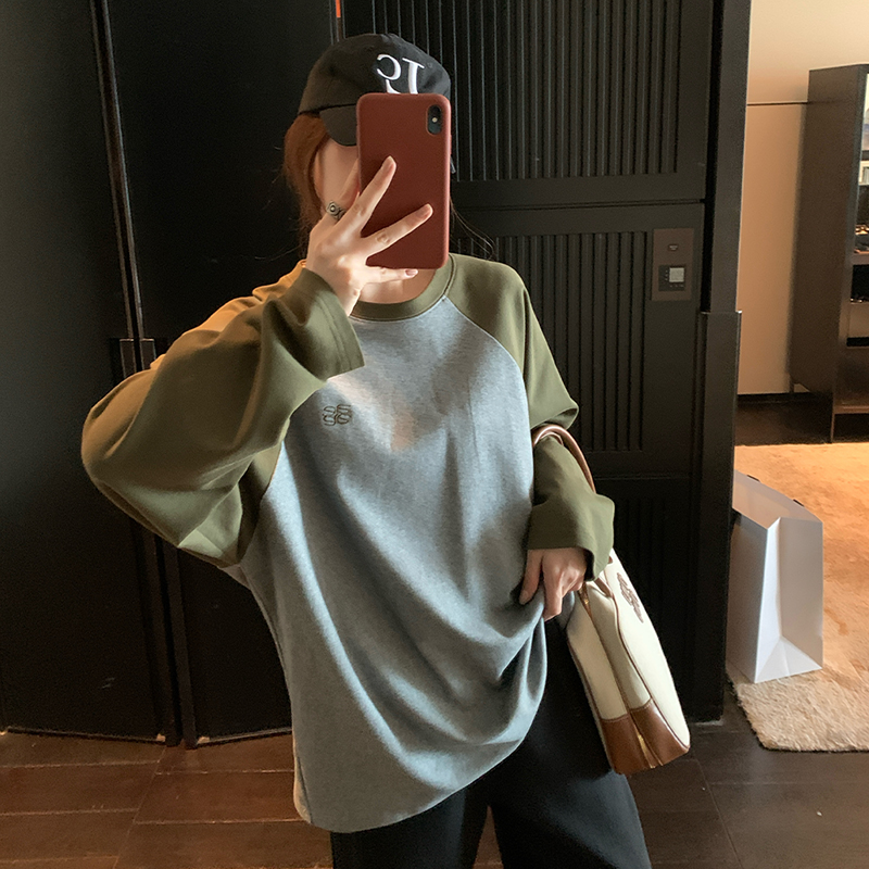 美式复古插肩长袖T恤女拼接上衣