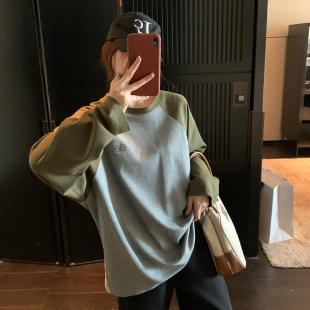 复古休闲撞色拼接胖mm宽松插肩长袖 NAZ那子大码 美式 新款 T恤 秋季