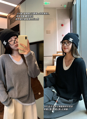 NAZ那子大码冬季45支羊毛混纺U型领假两件针织衫胖mm洋气显瘦上衣