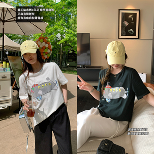 NAZ那子大码 上衣 夏季 全棉潜水艇贴布绣花T恤胖mm重工设计感短袖