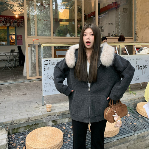 NAZ那子大码柔焦大毛领 雪芙绒+200G奥粒绒慵懒卫衣胖mm休闲外套