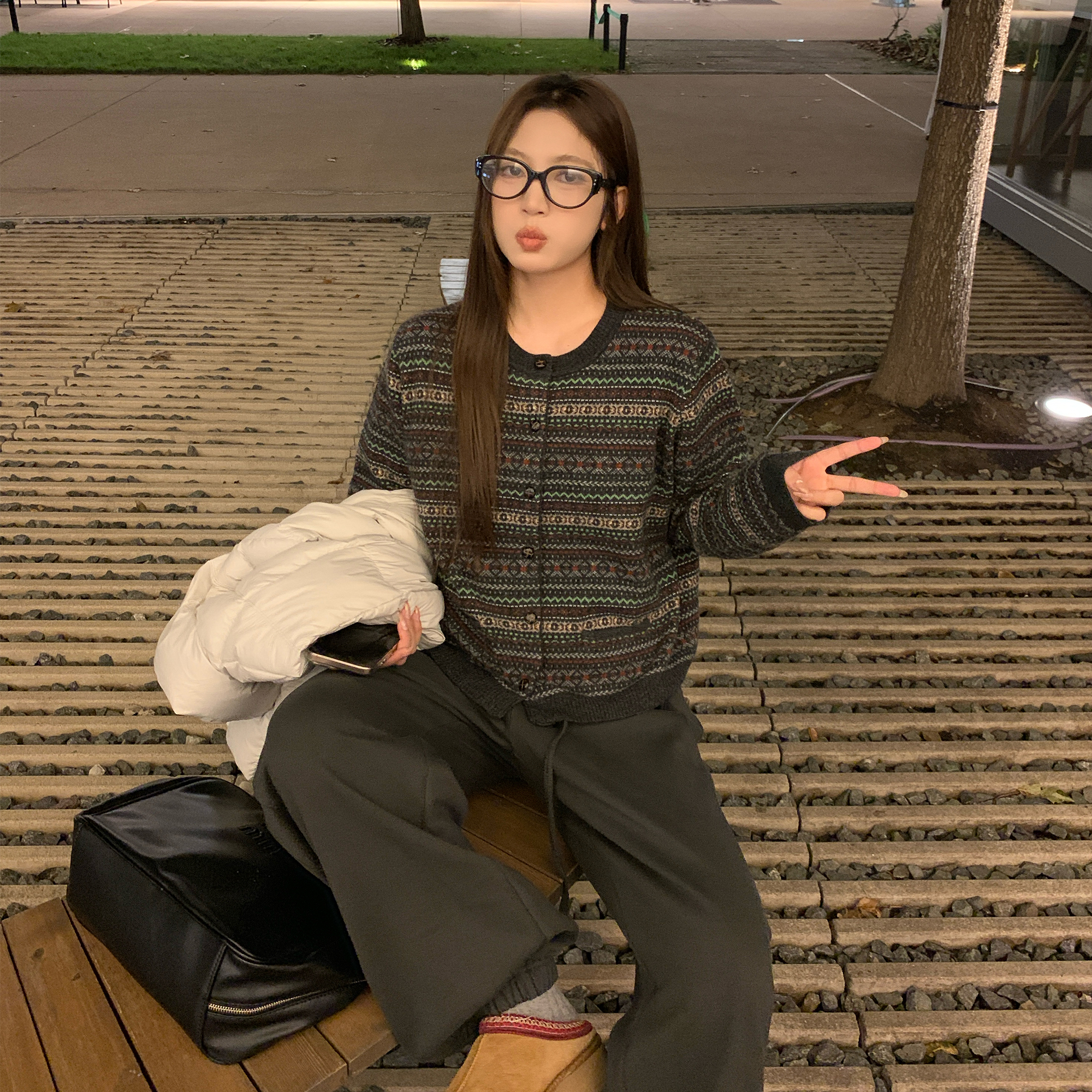 NAZ那子大码冬季100羊毛中古提花开衫胖mm时尚圆领重工复古针织衫