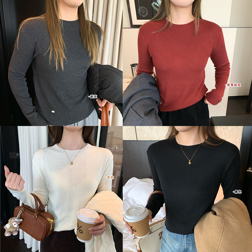 圆领纯色下摆钉扣打底衫