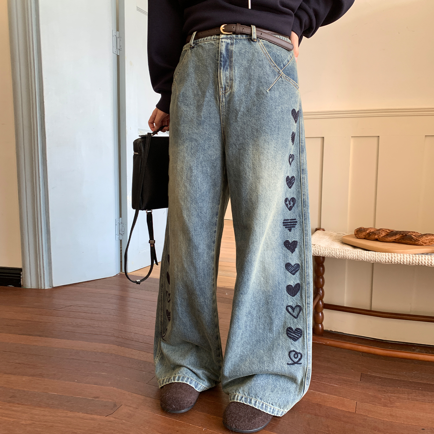 NAZ那子大码3D爱心绣做旧洗复古牛仔裤胖mm高腰慵懒气质阔腿裤