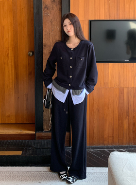 NAZ那子大码秋季21支棉单面拼接假两件开衫休闲直筒裤胖mm套装