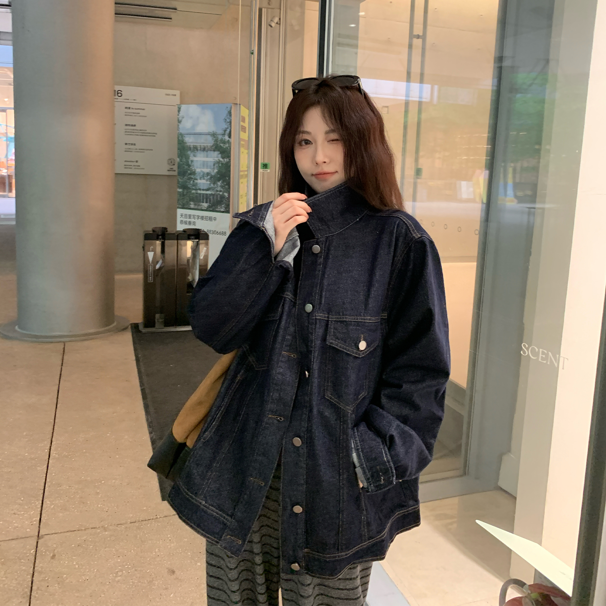 NAZ那子大码秋季棉感设计感复古减龄胖妹妹显瘦时尚牛仔工装外套