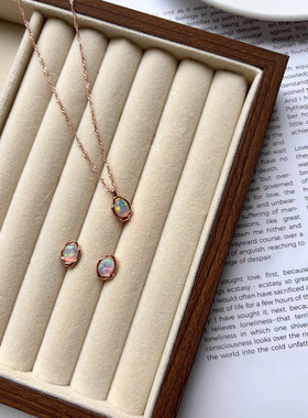 日韩ins风小清新百搭设计感欧泊石熔岩香槟金色耳钉项链女s59175