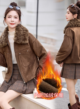夹棉加绒冬季新款棉衣加厚麂皮绒棉服外套女翻领短款女冬小个子