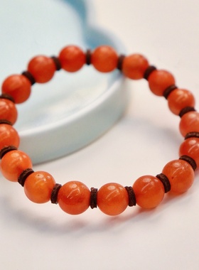 天然蜜蜡俄料红蜡圆珠带牛皮隔片素圈手串M01A12494